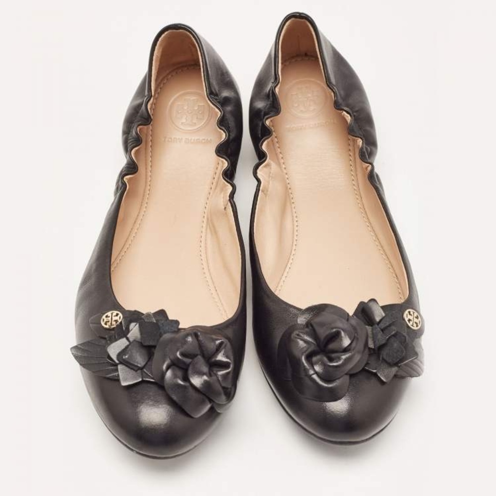 Tory Burch Black Leather Blossom Ballet Flats Size 10